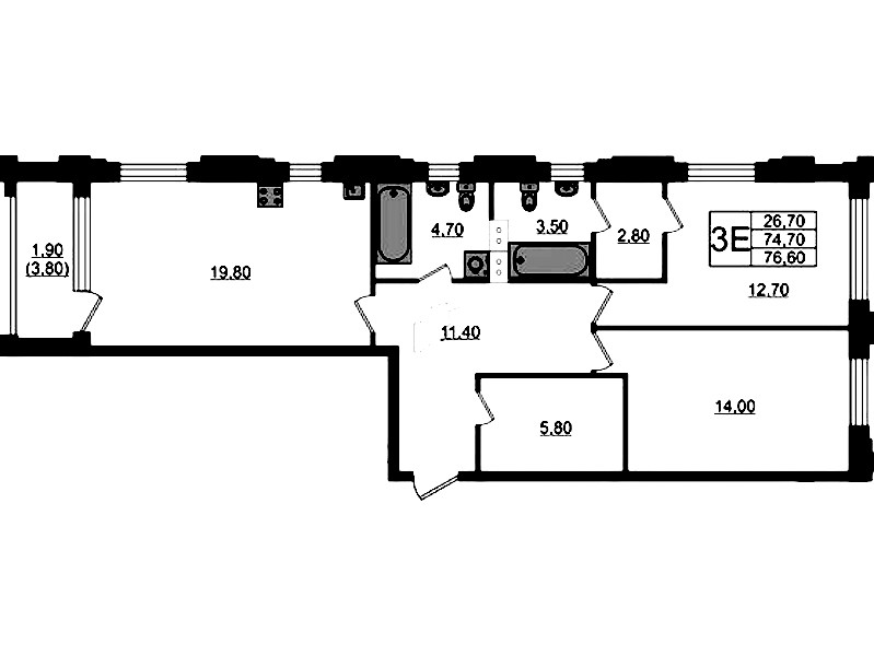 2-комнатная квартира 76.6 м², 3/13 эт., ЖК «Тайм Сквер»